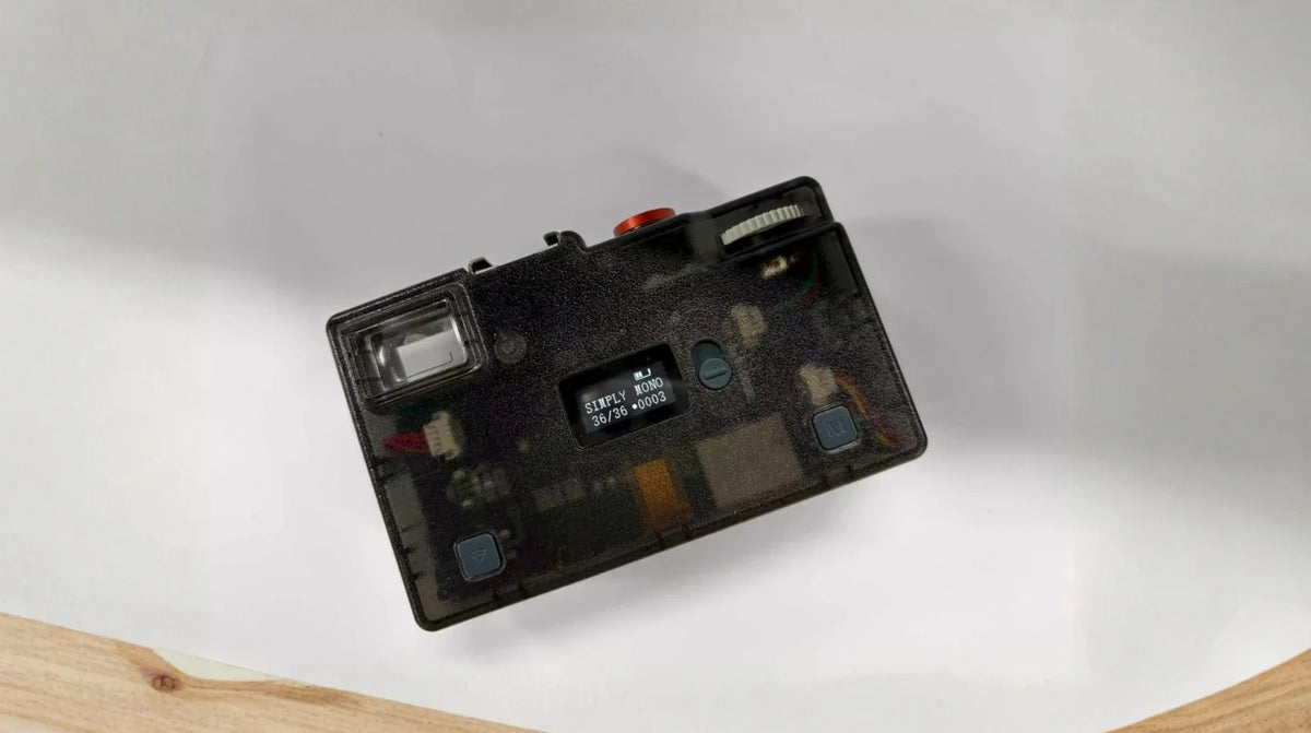 Rear of a translucent camera with viewfinder and small status display
