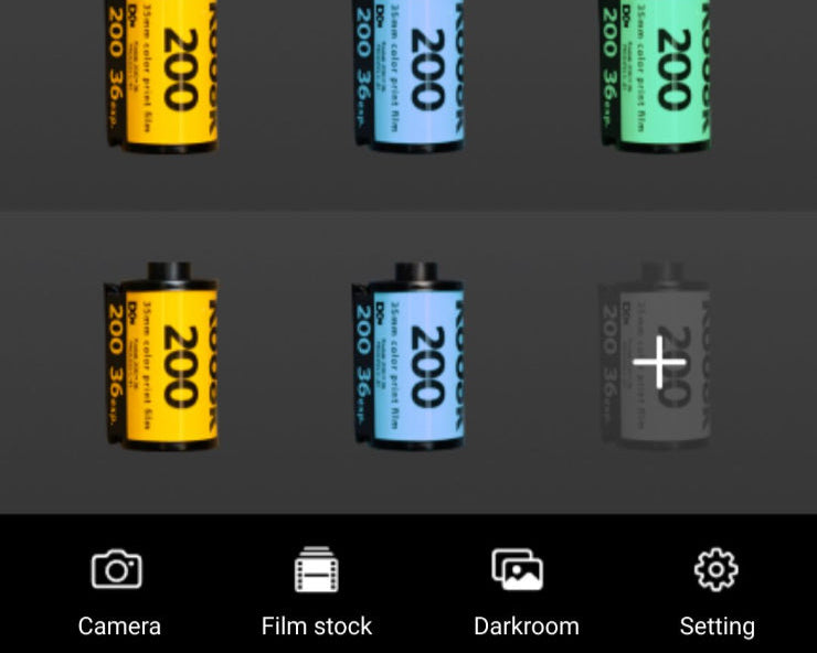 Film stock selection interface with colorful film canisters on a dark background